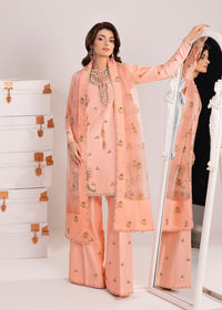 Woman wearing a peach embroidered outfit in front of a mirror.